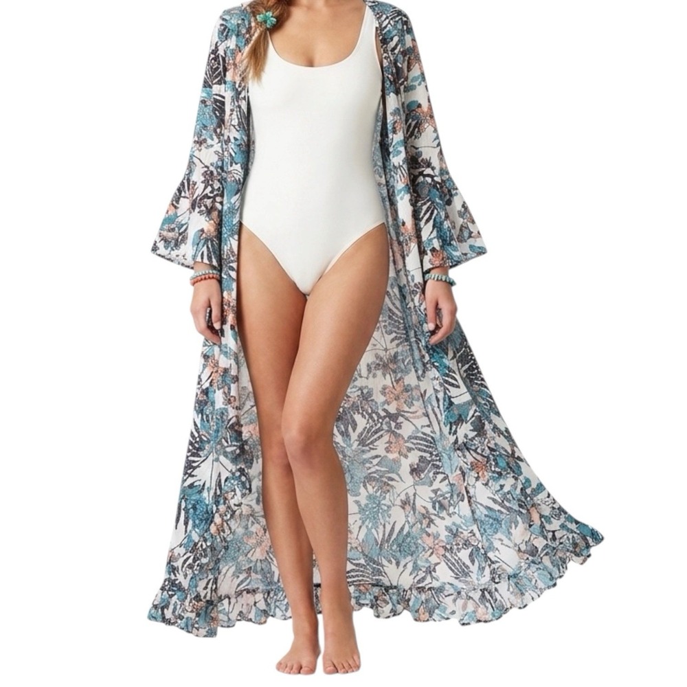DEBBIE KATZ South Beach Floral Cover Up sz M 100% Cotton Tropical Resortwear